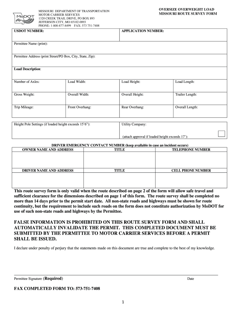 Route Survey for Oversize Loads  Form