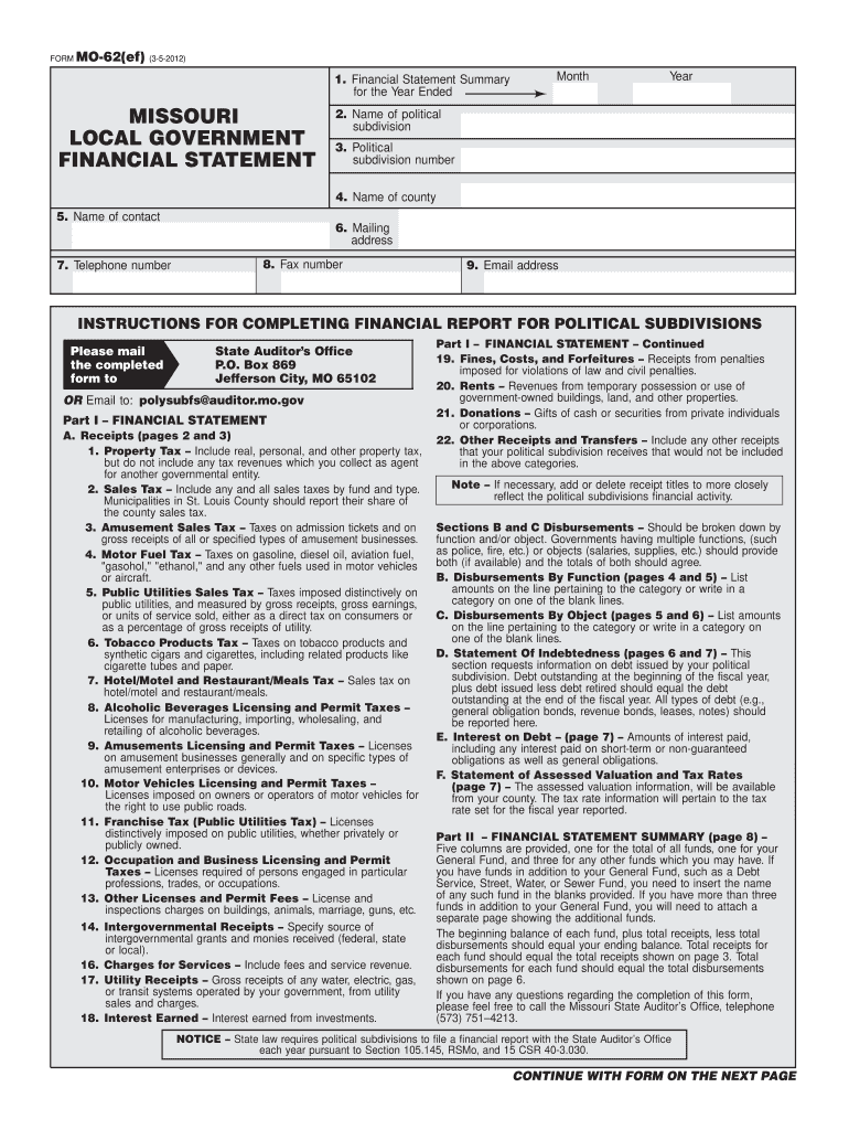 Get and Sign Missouri Local Government Financial Statement  State Auditor  Auditor Mo 2012-2022 Form