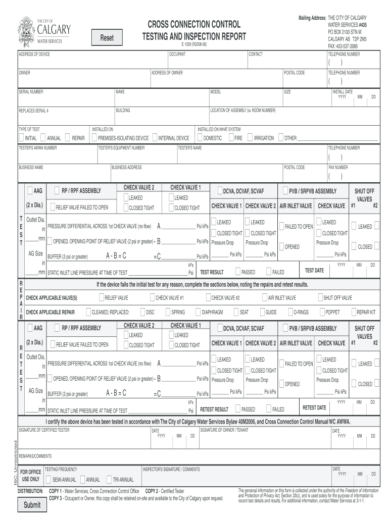 City of Calgary Cross Connection  Form