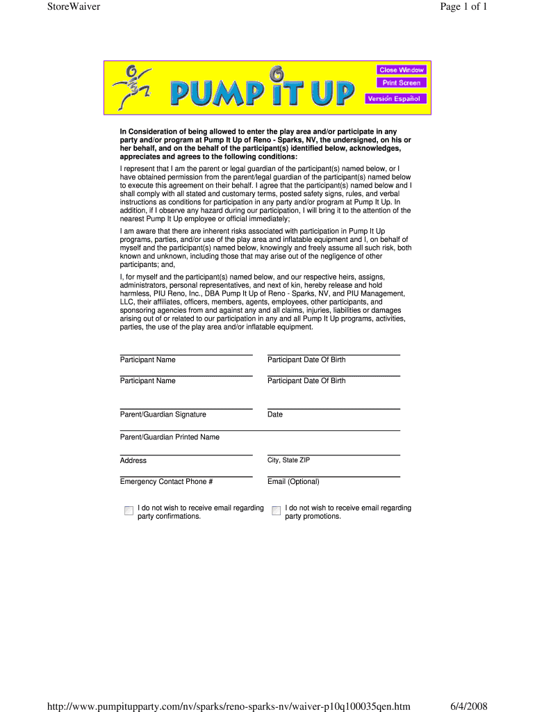  Pump it Up Printable Waiver Form 2008-2024