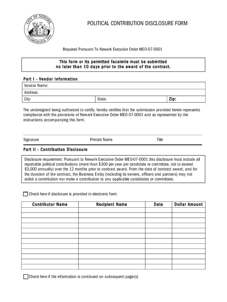 Newark Political Contribution Disclosure EForm the City of Ci Newark Nj