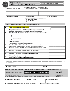 1st Quarter Payroll Tax Booklet the City of Newark, New Jersey Ci Newark Nj  Form