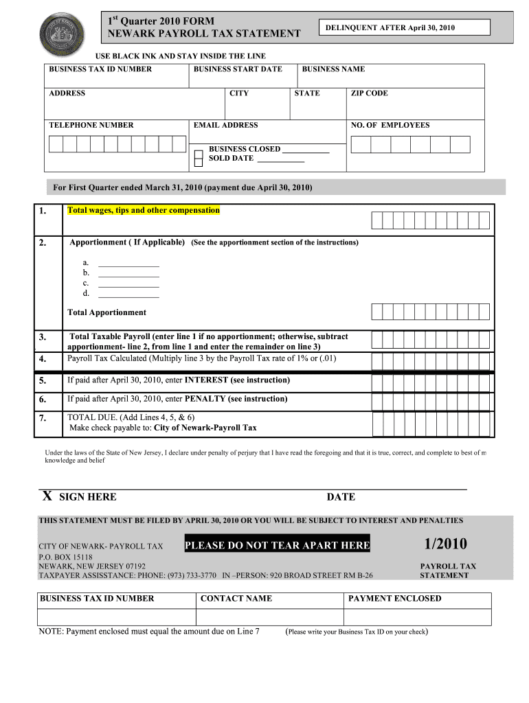  Newark Quarter Payroll Tax Statement Form 2020