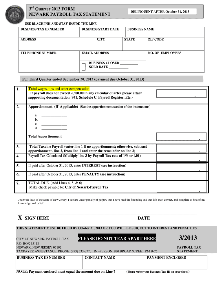 3rd Quarter Payroll Tax Booklet the City of Newark, New Ci Newark Nj  Form