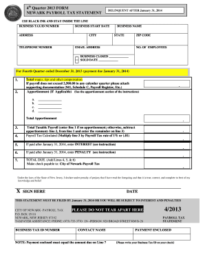 4th Quarter Payroll Tax Booklet the City of Newark, New Ci Newark Nj  Form