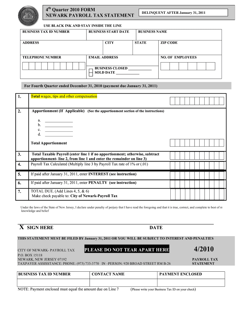 Newark Payroll Tax Statement  the City of Newark, New Jersey  Ci Newark Nj  Form