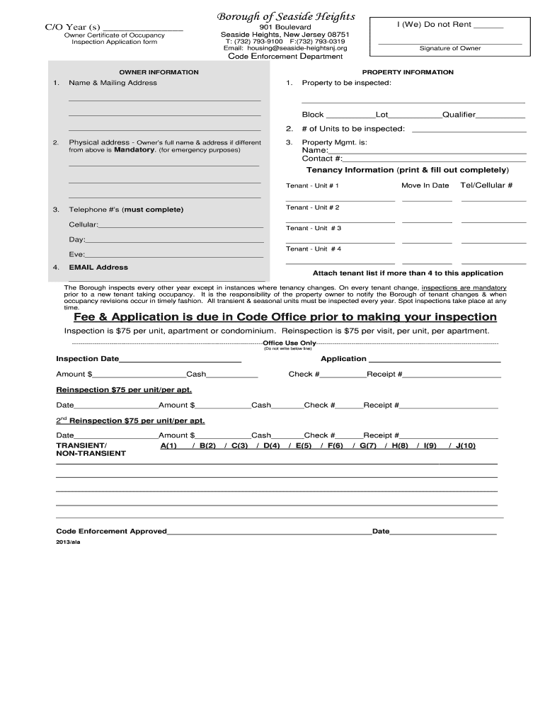 Rental Certificate of Occupancy Form  Seaside Heights  Seaside Heightsnj