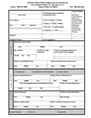 Somers Point Birth Certificate  Form