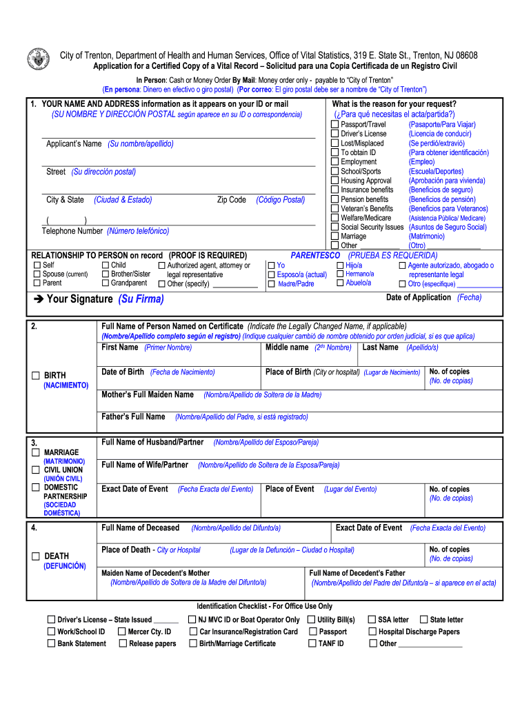 Office of Vital Statistics  City of Trenton  Trentonnj  Form