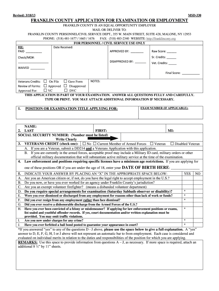  Application for Examination or Employment  Rev    Franklin County  Franklincony 2013