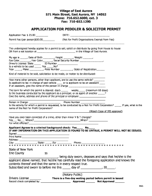 Application for Peddler or Solicitor Permit Village of East Aurora East Aurora Ny  Form