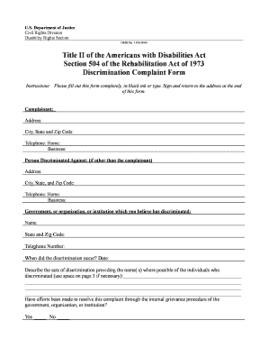 Title Ii of the Americans with Disabilities Act Section 504 of the Rehabilitation Act of 1973 Discrimination Complaint Form