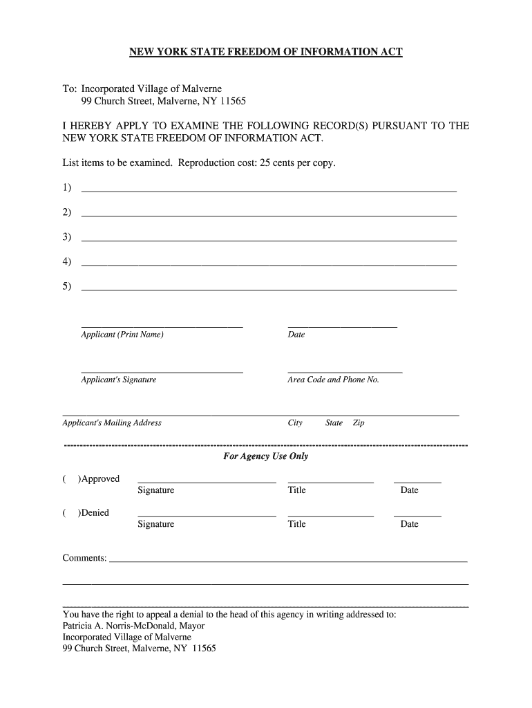 FOIL Application  Inc Village of Malverne, NY  Malvernevillage  Form