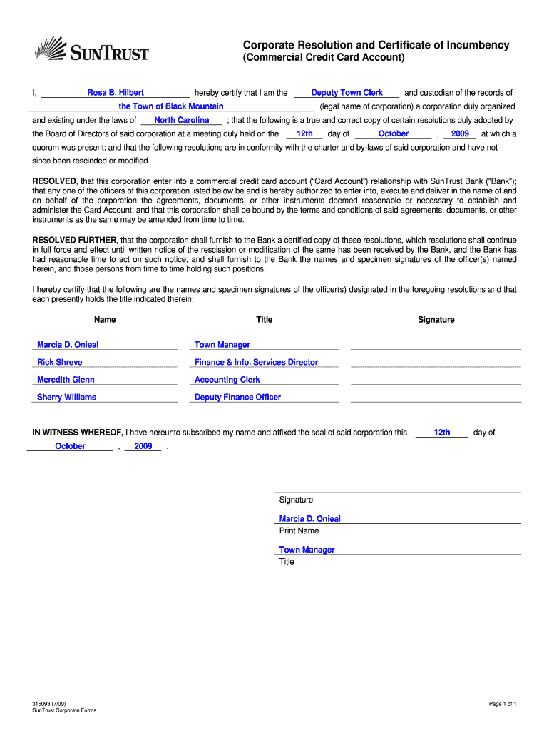 Corporate Resolution and Certificate of Incumbency Form 5 01