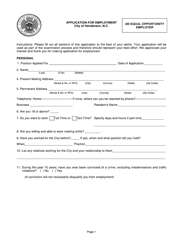 Application for the City of Henderson Nc  Form