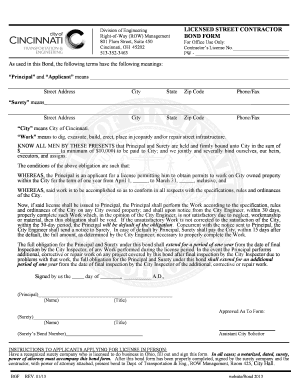 LICENSED STREET CONTRACTOR BOND FORM City of Cincinnati Cincinnati Oh