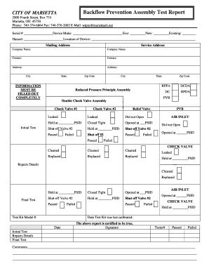 Backflow Prevention Assembly Test Report Marietta  Form