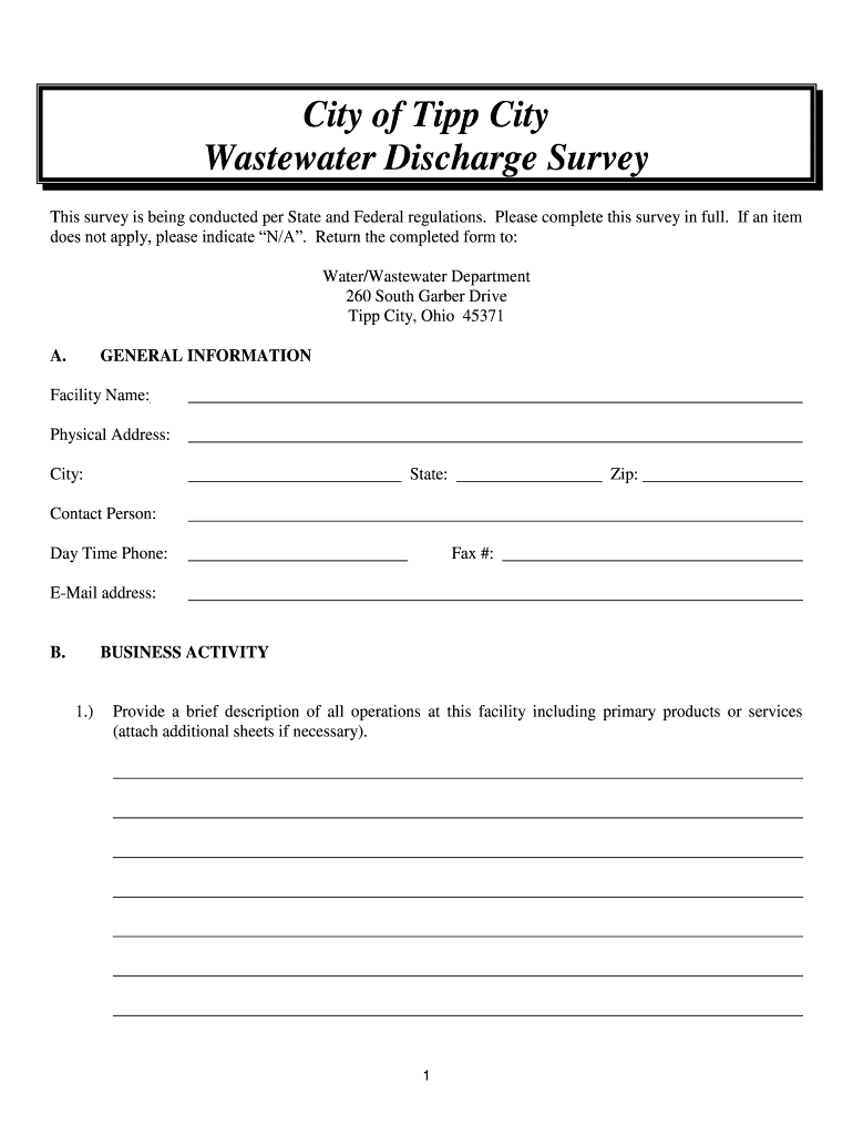 Wastewater Discharge Survey Tipp City Tippcityohio  Form