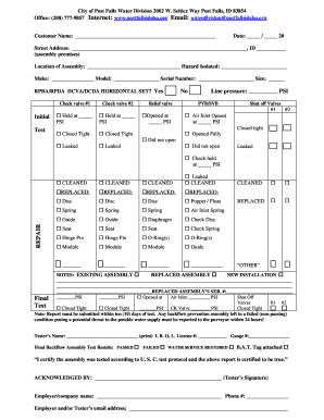 Post Falls Backflow Assembly Test Report Form City of Post Falls Postfallsidaho