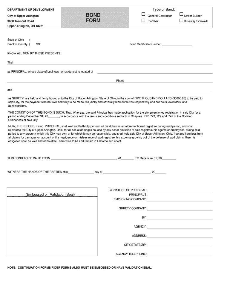 Contractors Bond Form for City of Bucyrus Ohio