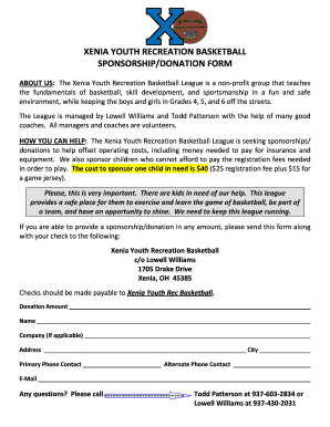 Xenia Youth Recreation Basketball Sponsorshipdonation Form