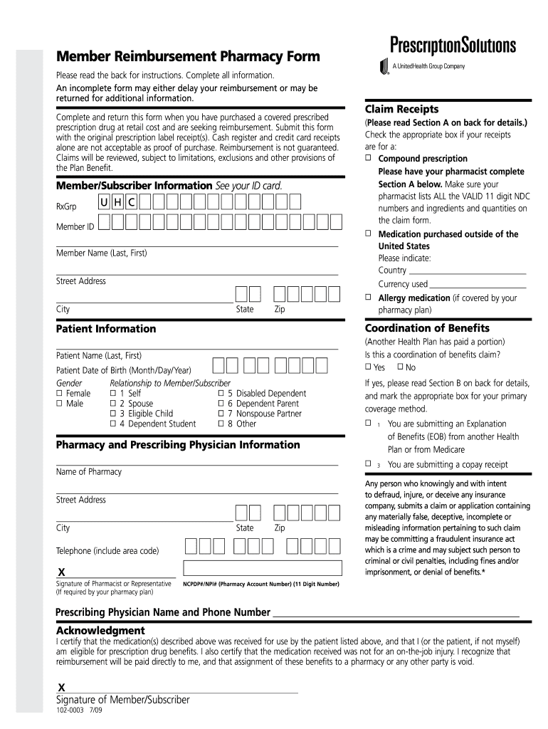  Reimbursement Pharmacy Form 2009-2024