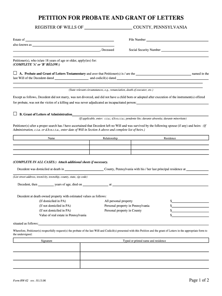  Form RW 02 Rev 10 13 06 Petition for Probate and Grant of Letters 2011