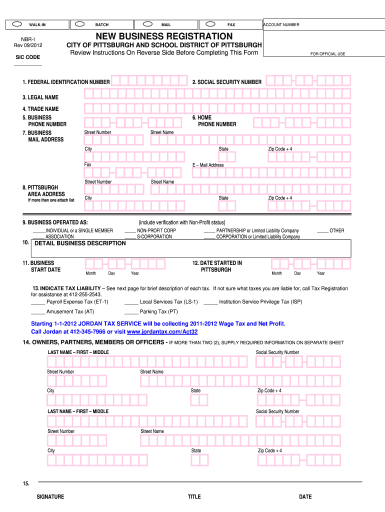  New Business Registration City of Pittsburgh Form 2012-2023