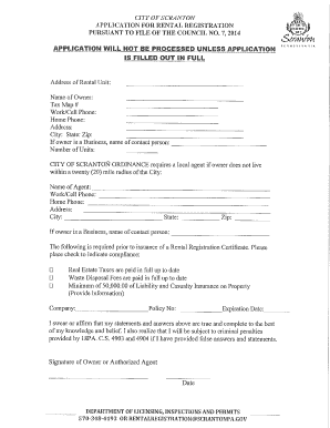 Application for Rental Registration Scranton, PA Scrantonpa  Form
