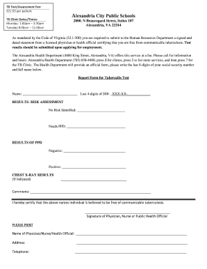 Report Form for Tuberculin Test TB Test Alexandria City Public