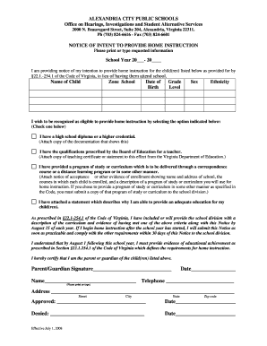 ACPS Notice of Intent to Provide Home Instruction Alexandria City  Form