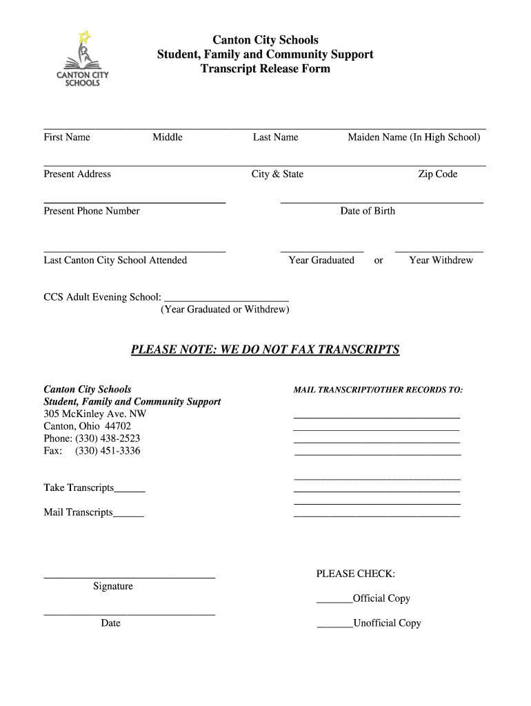 Canton City Schools Transcript Release Form