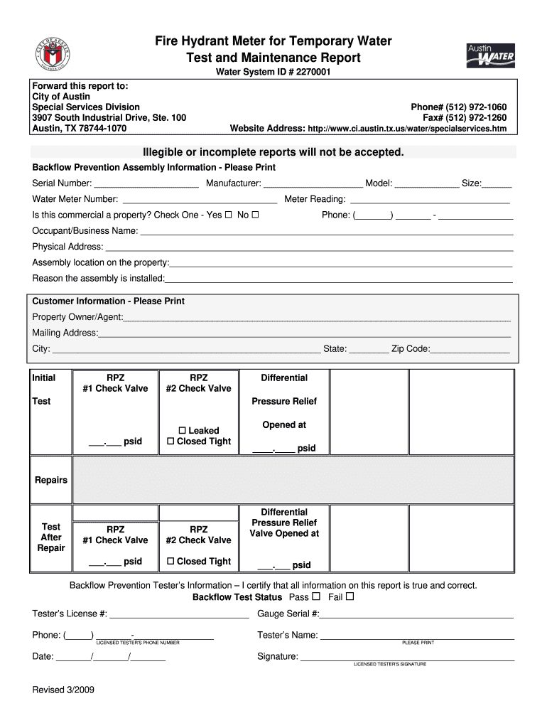  Fire Hydrant Meter for Temporary Water TMR Form  City of Austin  Austintexas 2009-2024