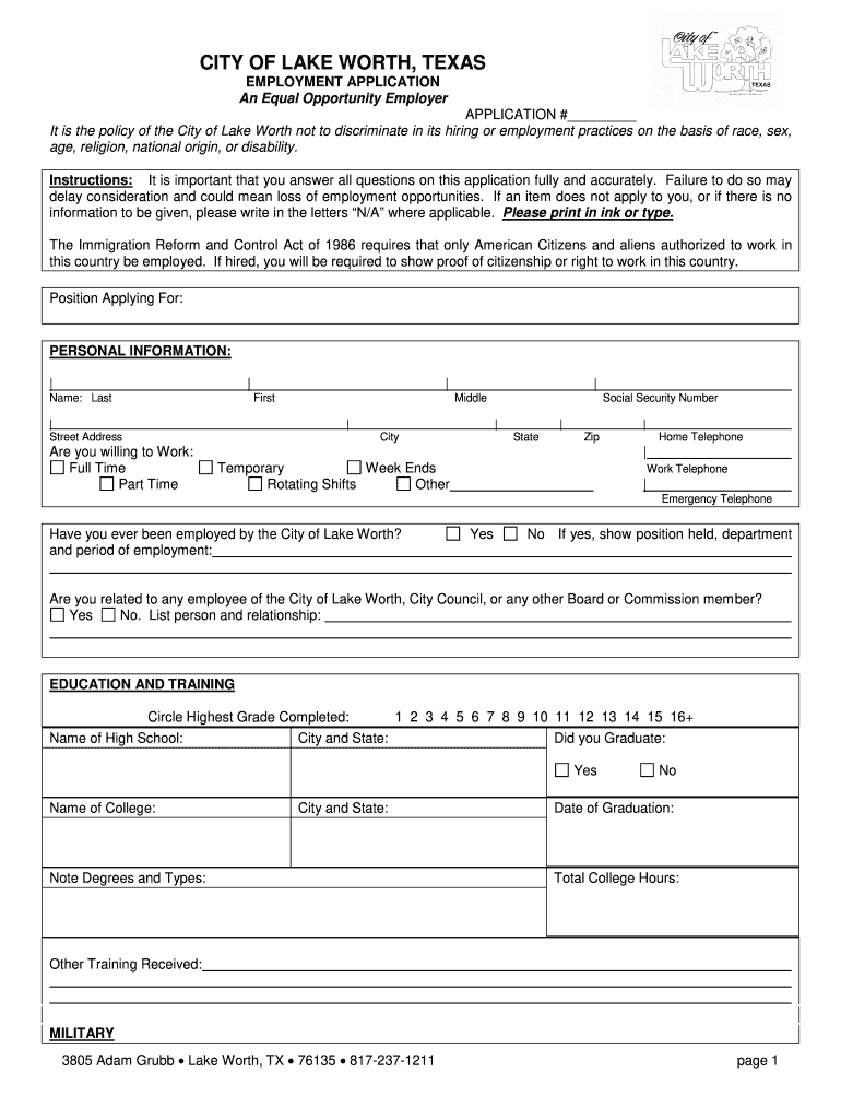 Get and Sign Employment Application  the City of Lake Worth!  Lakeworthtx  Form