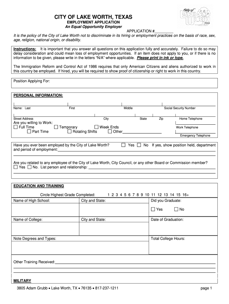 Employment Application  the City of Lake Worth!  Lakeworthtx  Form