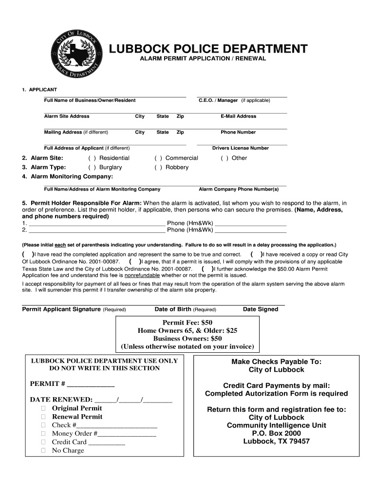 Alarm Permit Lubbock  Form