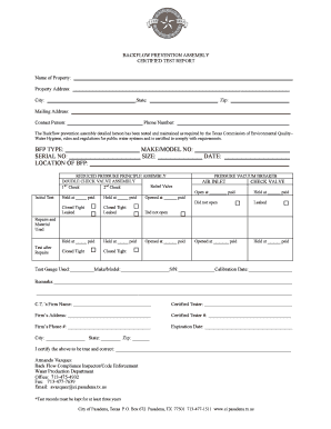 Backflow Prevention Assembly Certified Test Report City of Pasadena Ci Pasadena Tx  Form