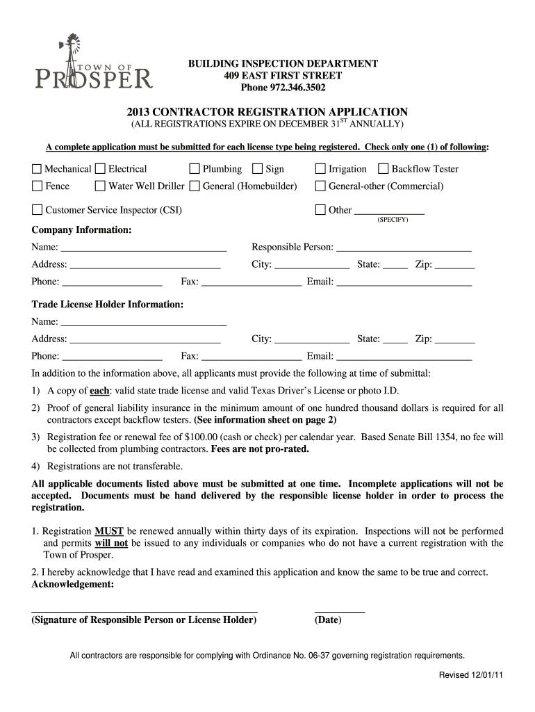 Get and Sign City of Prosper Contractor Registration  Form