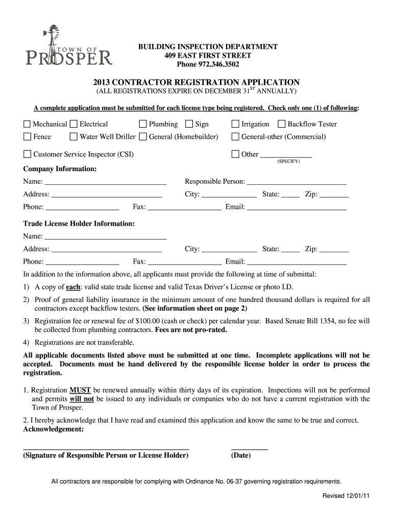 City of Prosper Contractor Registration  Form