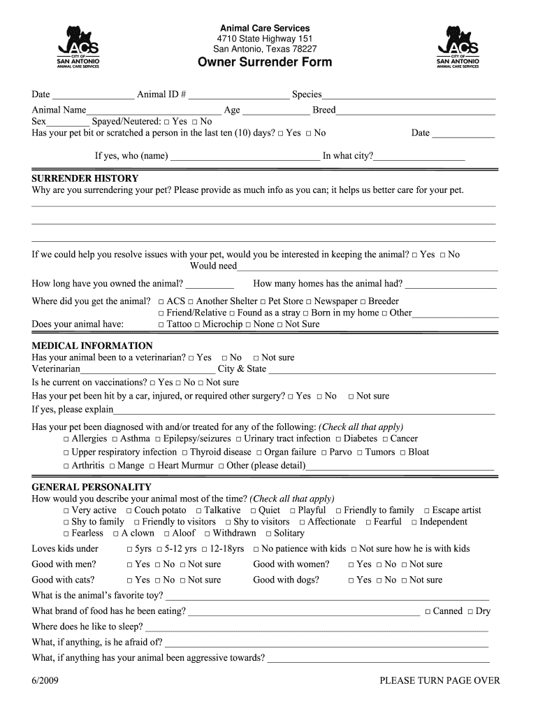 Owner Surrender Form 062009  the City of San Antonio  Sanantonio