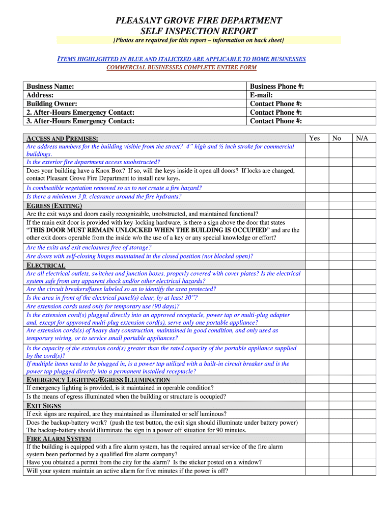 Fire Self Inspection Form  Pleasant Grove City  Plgrove