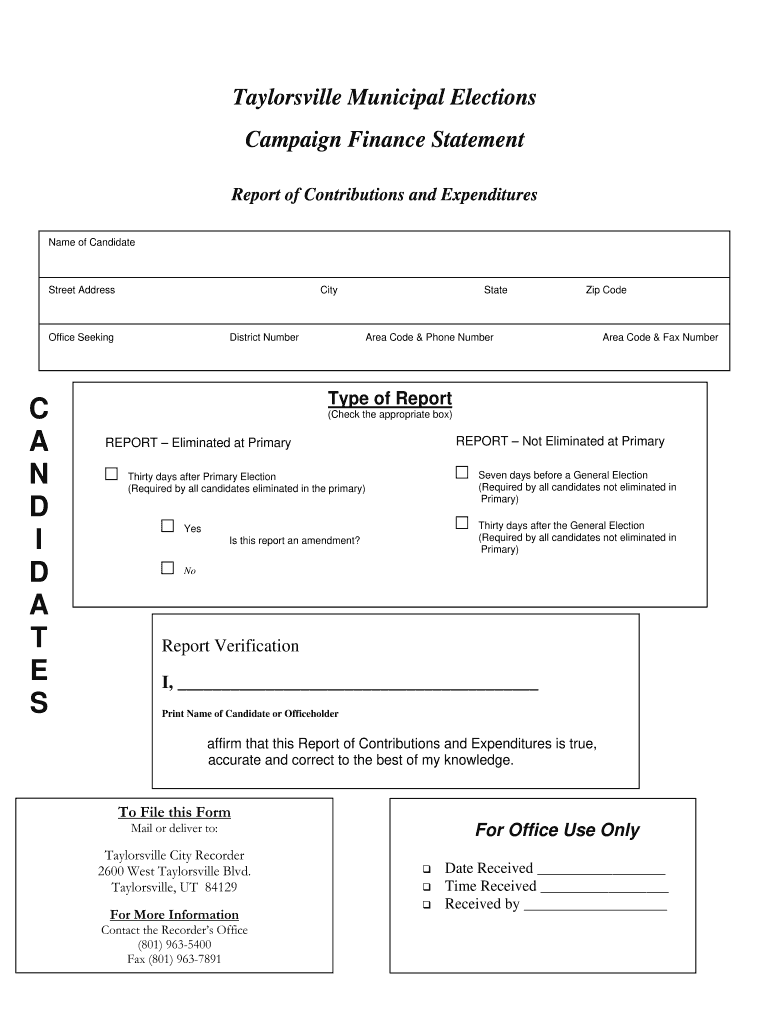 Campaign Finance Statement  Taylorsville City  Taylorsvilleut  Form