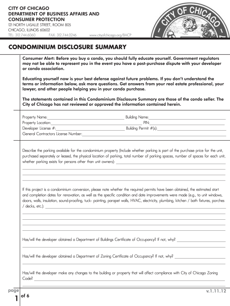 Get and Sign CONDOMINIUM DISCLOSURE SUMMARY  City of Chicago  Cityofchicago  Form