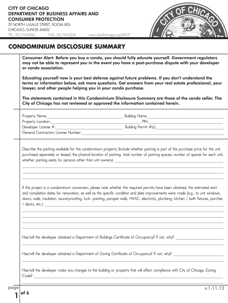 CONDOMINIUM DISCLOSURE SUMMARY  City of Chicago  Cityofchicago  Form