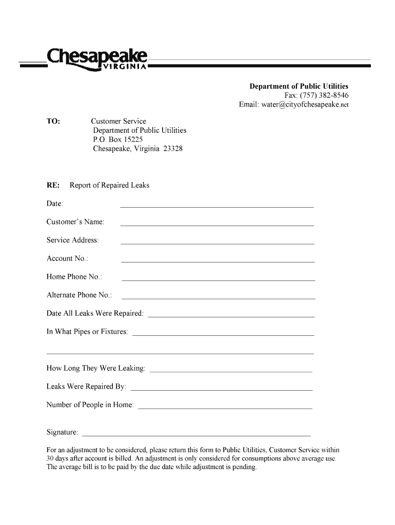 City of Chesapeake Net Leak Adjustment  Form