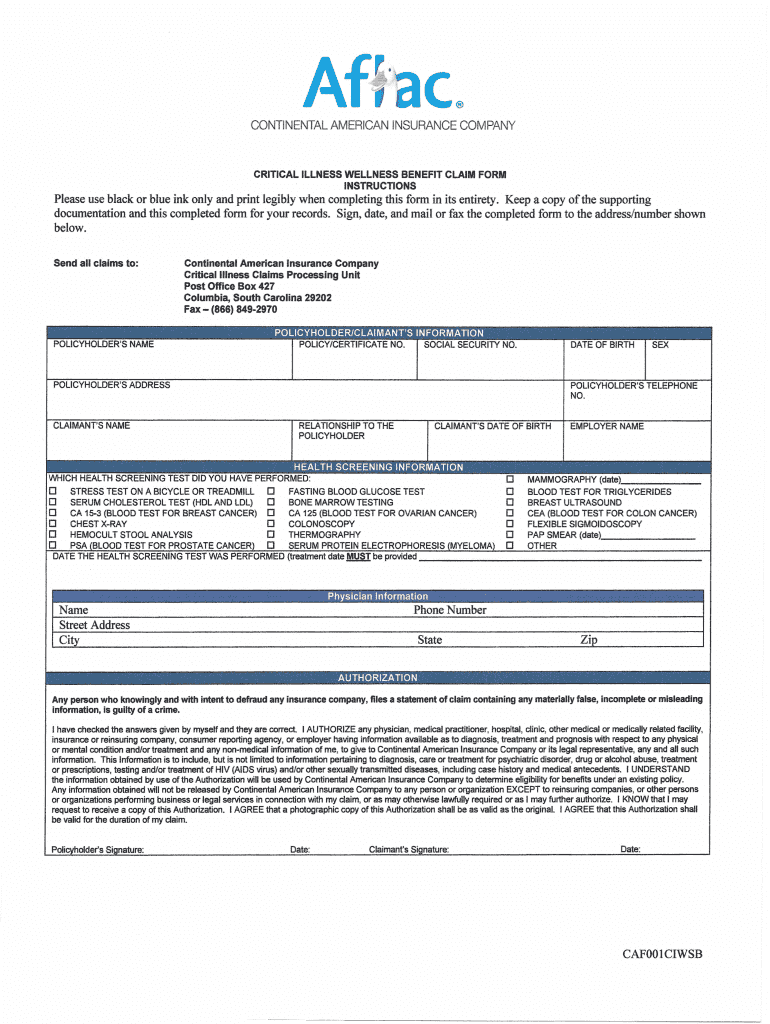  Aflac Critical Illness Health Screening Form 2010-2024