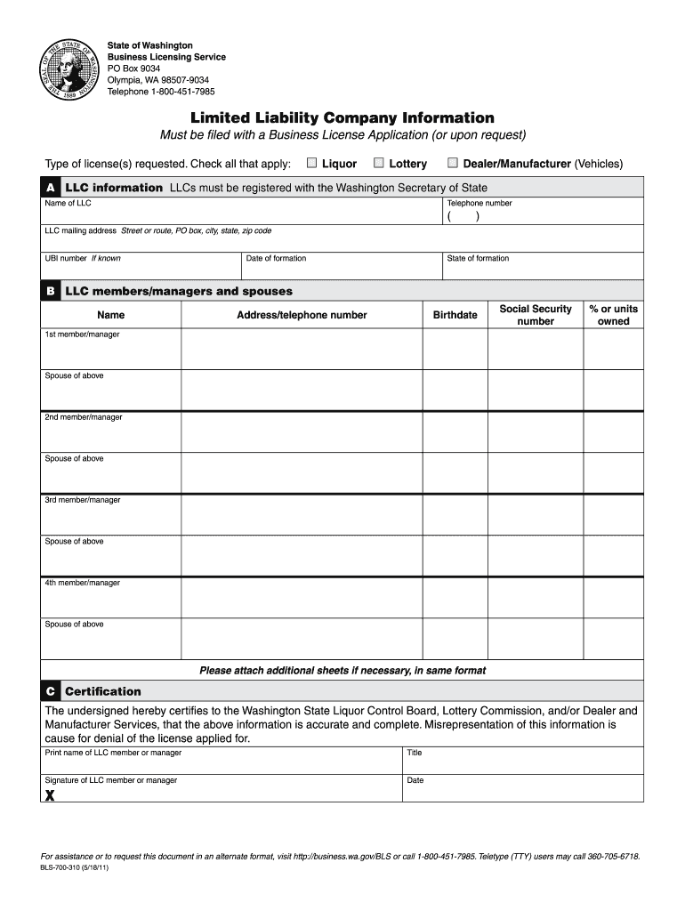  Limited Liability Company Information X  Business Licensing Service  Bls Dor Wa 2011