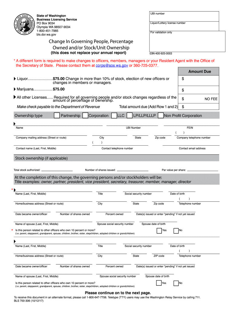 Change in Governing People, Percentage Owned Andor StockUnit Bls Dor Wa  Form