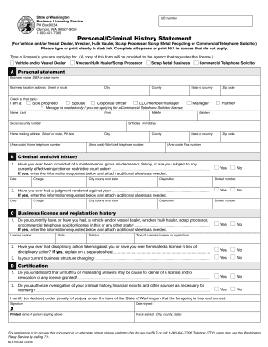 PersonalCriminal History Statement X Business Licensing Service Bls Dor Wa  Form