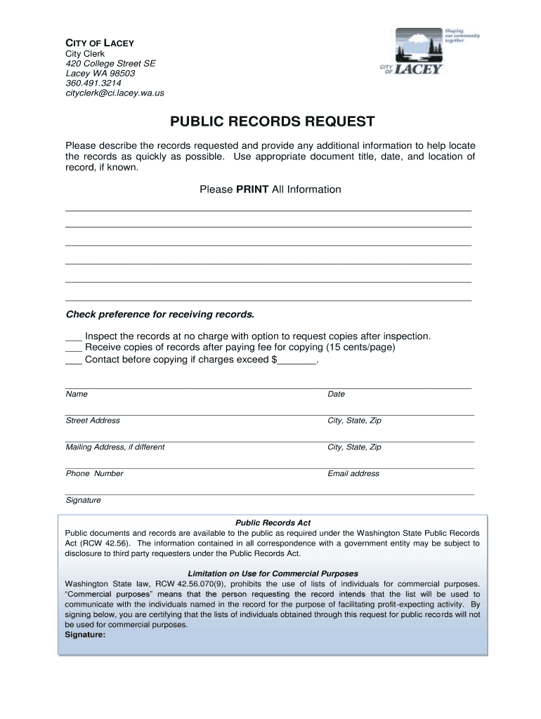 Public Records Request Form  City of Lacey